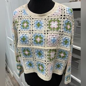 Crochet Knit Cropped Sweater with Pastel Squares